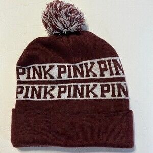 PINK Victoria's Secret Maroon White Beanie Hat Pom Pom OSFM Spell-Out One Size